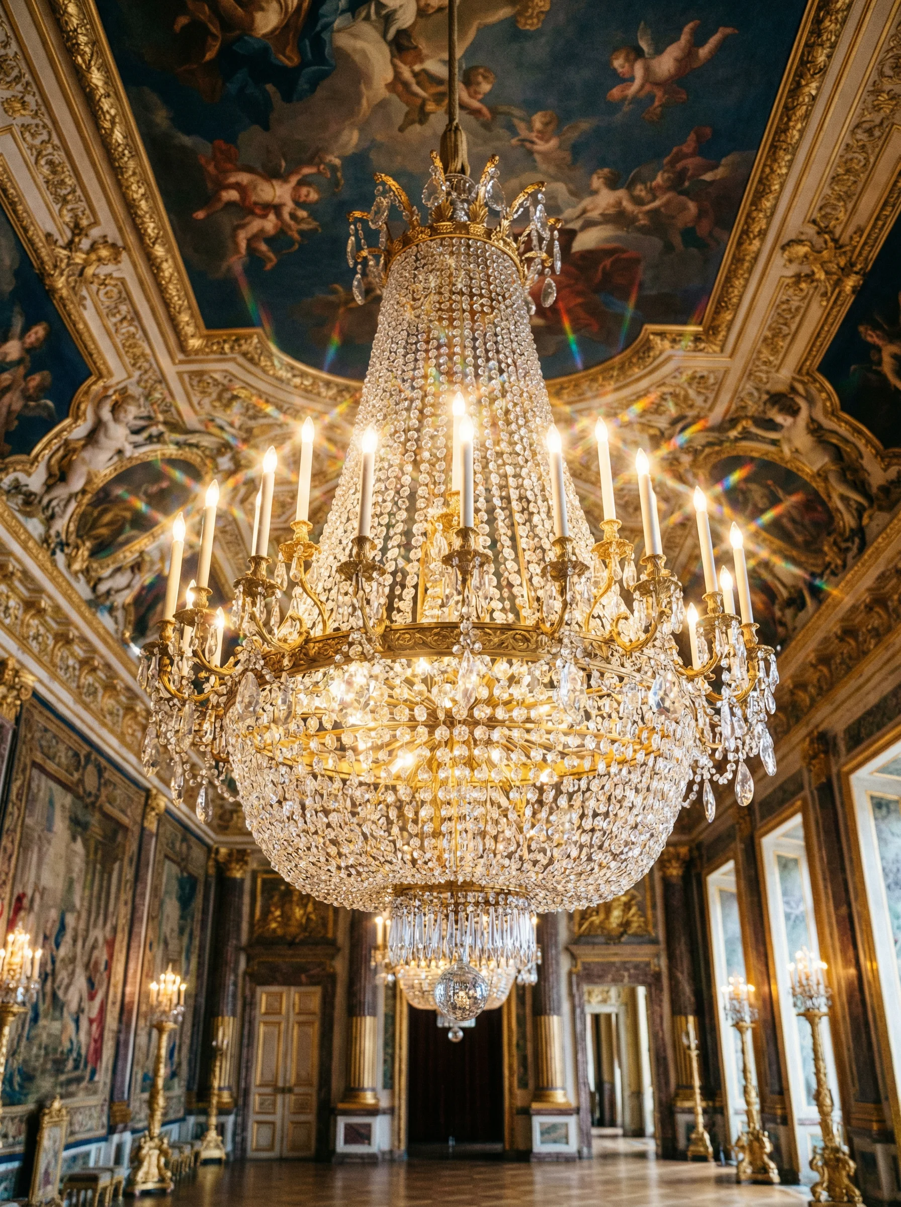 巴洛克风格水晶吊灯，在 真人棋牌 宫殿中散发璀璨光芒