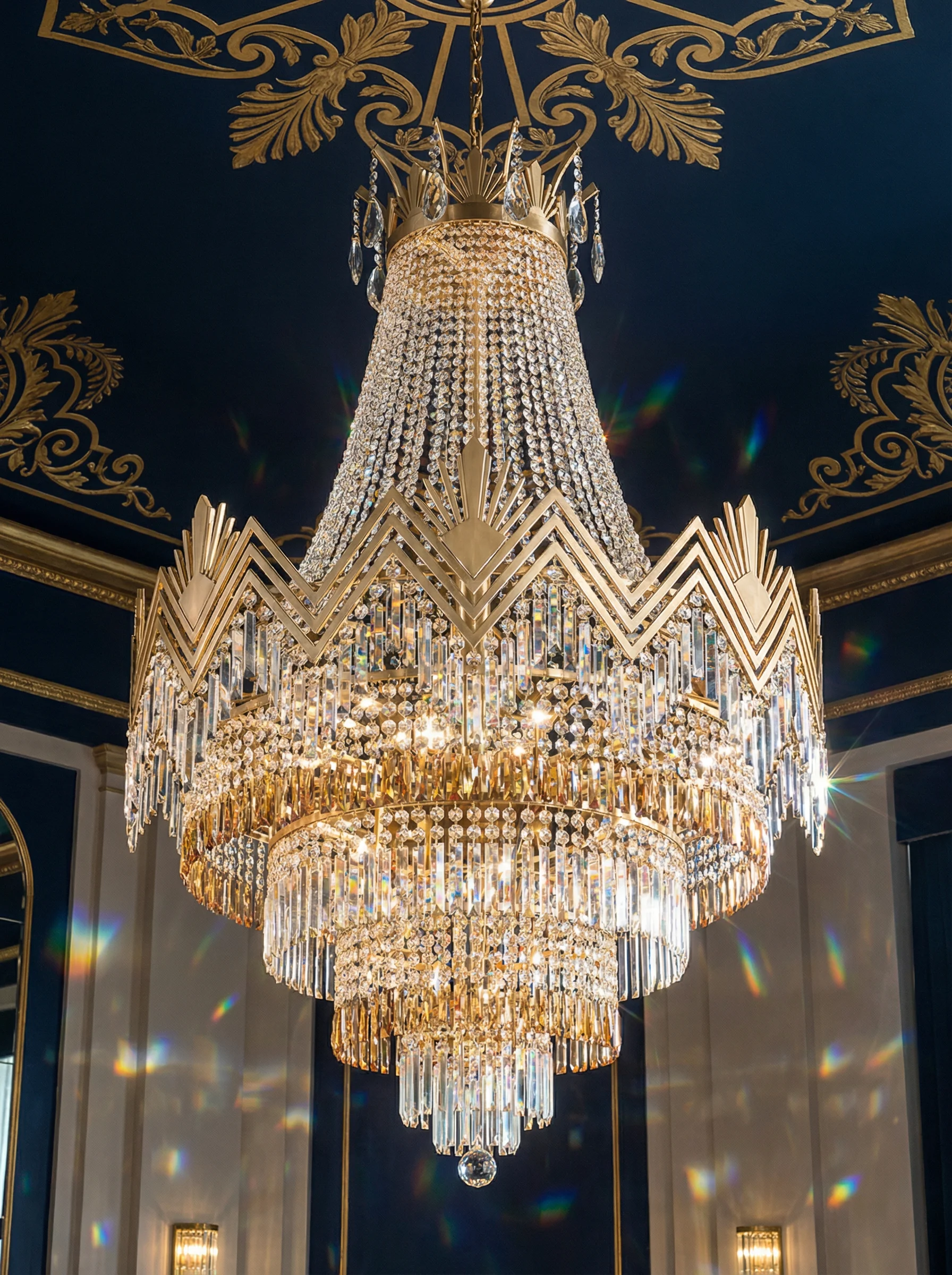 装饰艺术风格水晶吊灯，展现 真人棋牌 的现代奢华