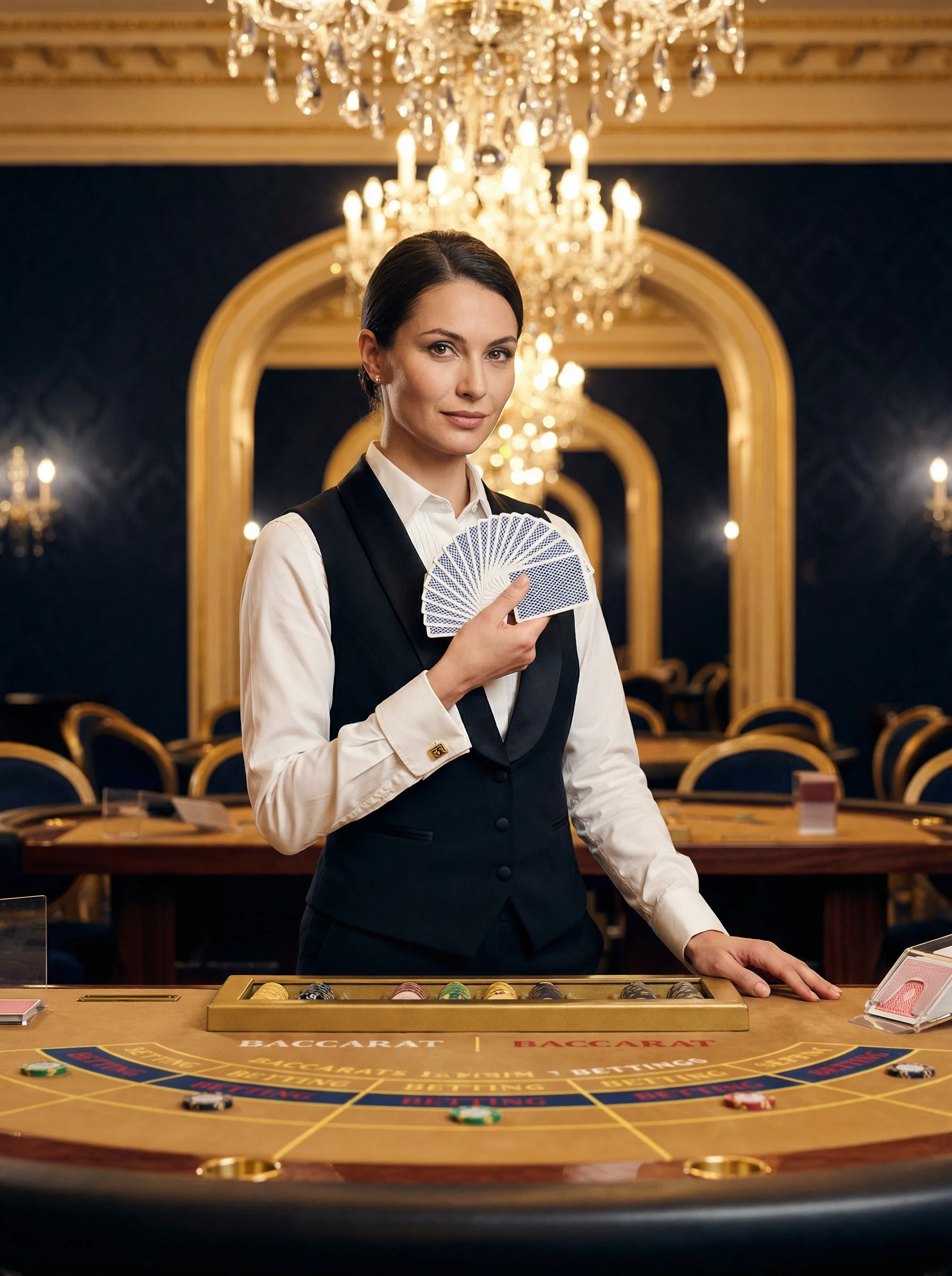 专业优雅的荷官在 真人棋牌 牌桌前服务，展现卓越风采